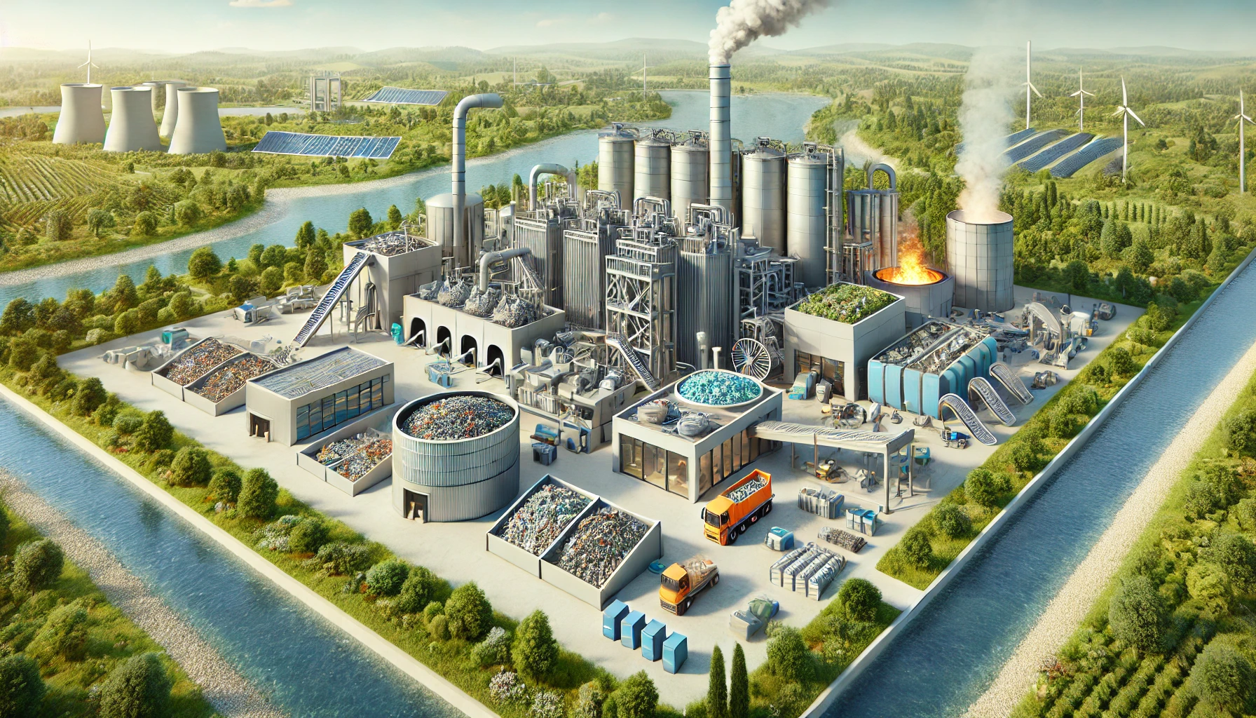 Valorisation des déchets industriels Un levier pour la RSE des PME - Design ARC (Architecture Régénérative Circulaire) - Représentation 3D d'un centre de valorisation des déchets industriels, incluant des processus de recyclage et de récupération d'énergie, avec des panneaux solaires et un environnement éco-responsable.