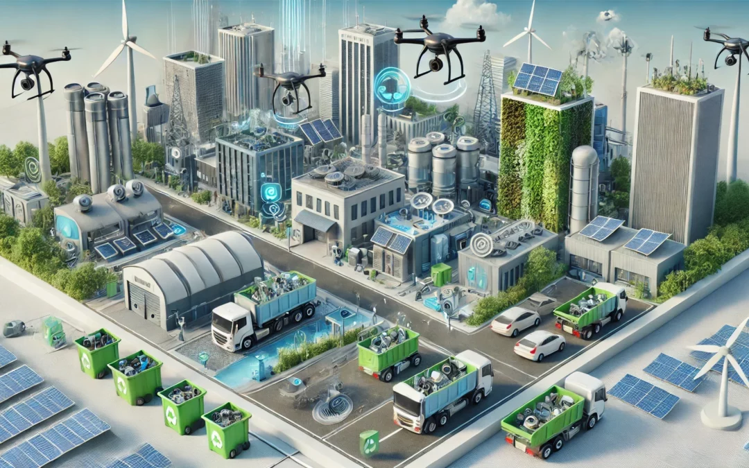 gestion_dechets_electroniques_villes_intelligentes - Scène 3D futuriste montrant la gestion des déchets électroniques dans des villes intelligentes, avec des systèmes automatisés de collecte et de recyclage, des drones de surveillance, et des bâtiments écologiques alimentés par des énergies renouvelables.