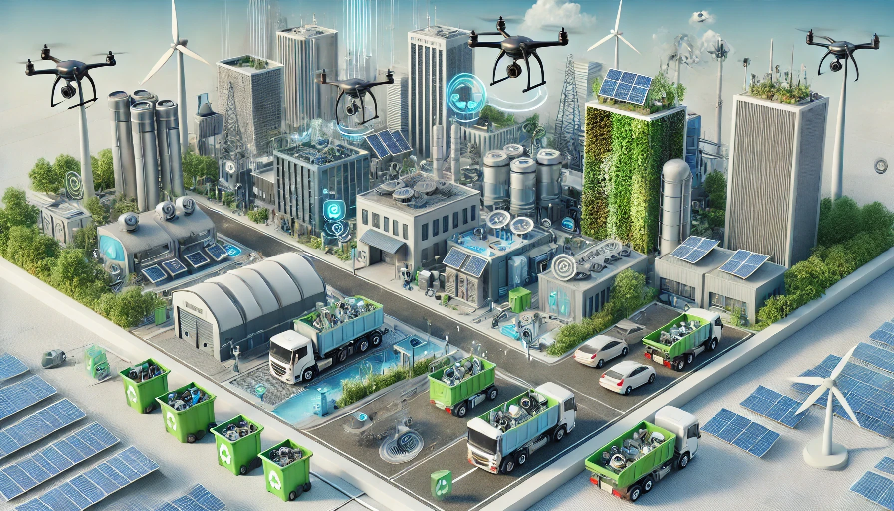 gestion_dechets_electroniques_villes_intelligentes - Scène 3D futuriste montrant la gestion des déchets électroniques dans des villes intelligentes, avec des systèmes automatisés de collecte et de recyclage, des drones de surveillance, et des bâtiments écologiques alimentés par des énergies renouvelables.
