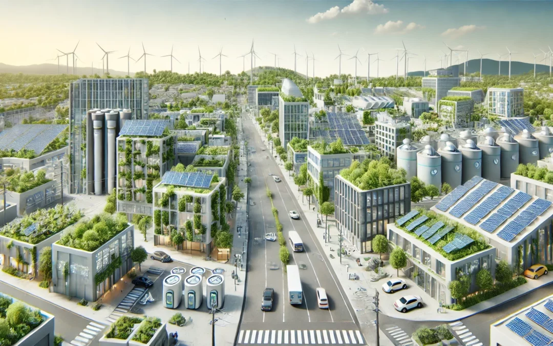 Les énergies renouvelables pour alimenter les smart cities-Design ARC (Architecture Régénérative Circulaire)-dxsigner - Représentation 3D d'une smart city alimentée par des énergies renouvelables, avec des panneaux solaires, des systèmes de stockage d'énergie, des bâtiments verts et des infrastructures pour la gestion des déchets organiques