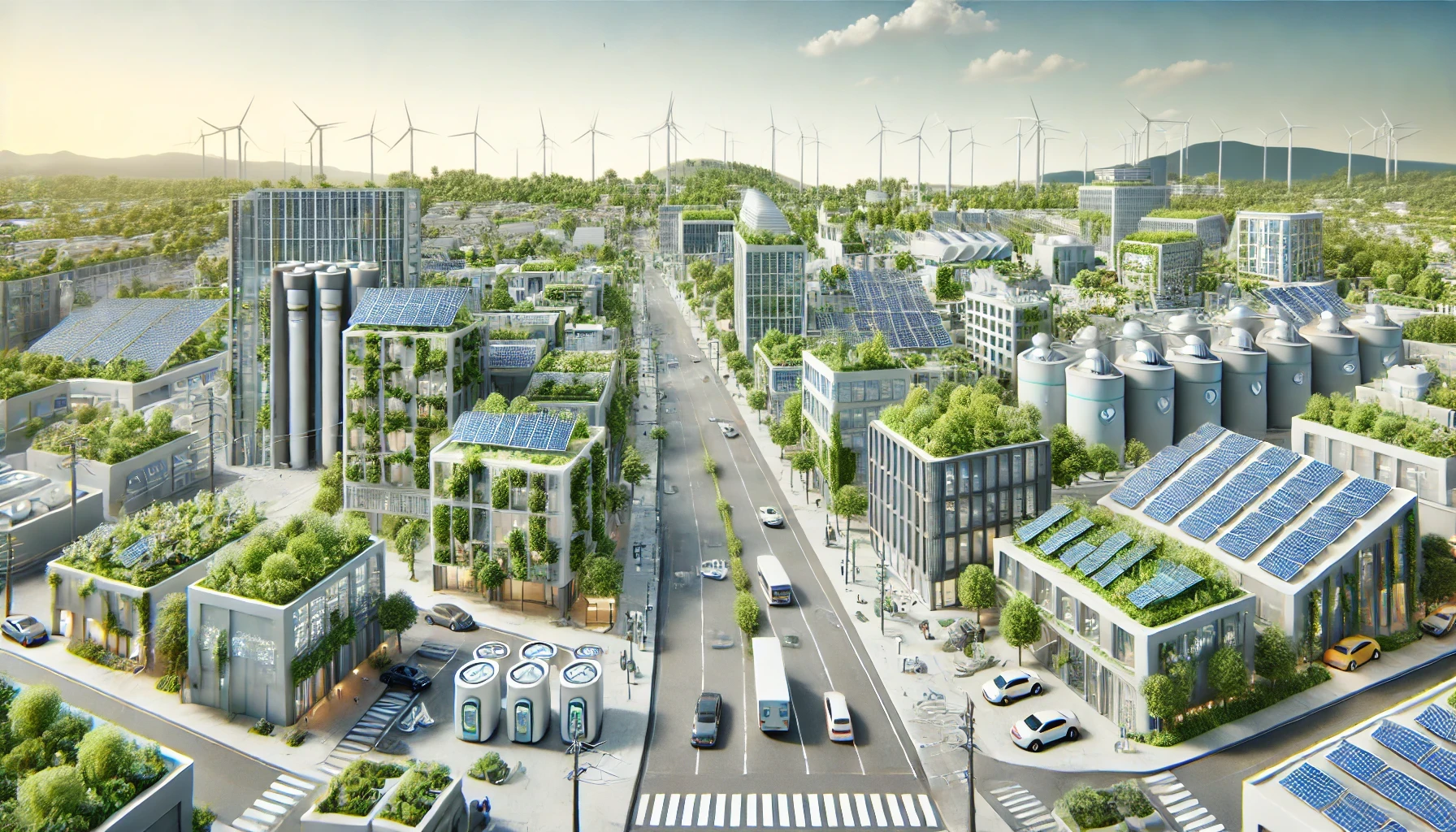 Les énergies renouvelables pour alimenter les smart cities-Design ARC (Architecture Régénérative Circulaire)-dxsigner - Représentation 3D d'une smart city alimentée par des énergies renouvelables, avec des panneaux solaires, des systèmes de stockage d'énergie, des bâtiments verts et des infrastructures pour la gestion des déchets organiques