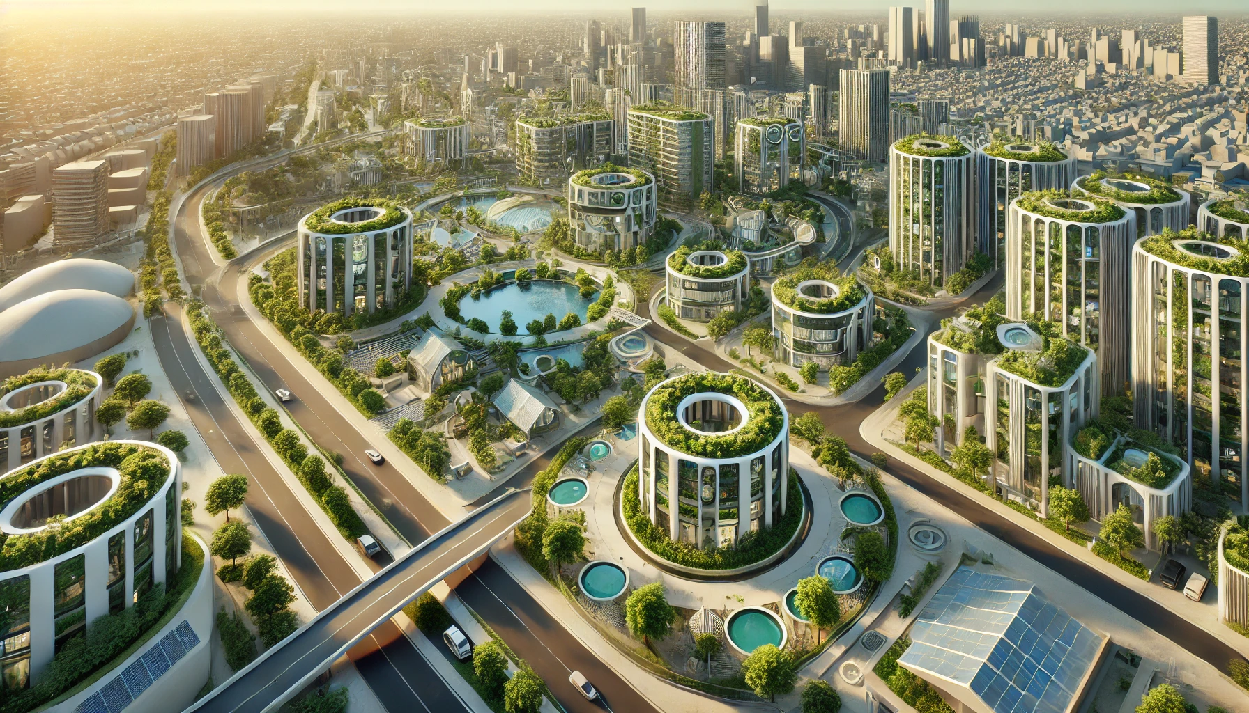 Repenser l'Urbanisme avec l'Architecture Régénératrice Circulaire d'Habitation - Scène 3D montrant une ville repensée avec l'Architecture Régénératrice Circulaire d'Habitation, incluant des bâtiments écologiques, toits verts, jardins verticaux et espaces piétonniers entourés d'arbres et de systèmes de gestion de l'eau.