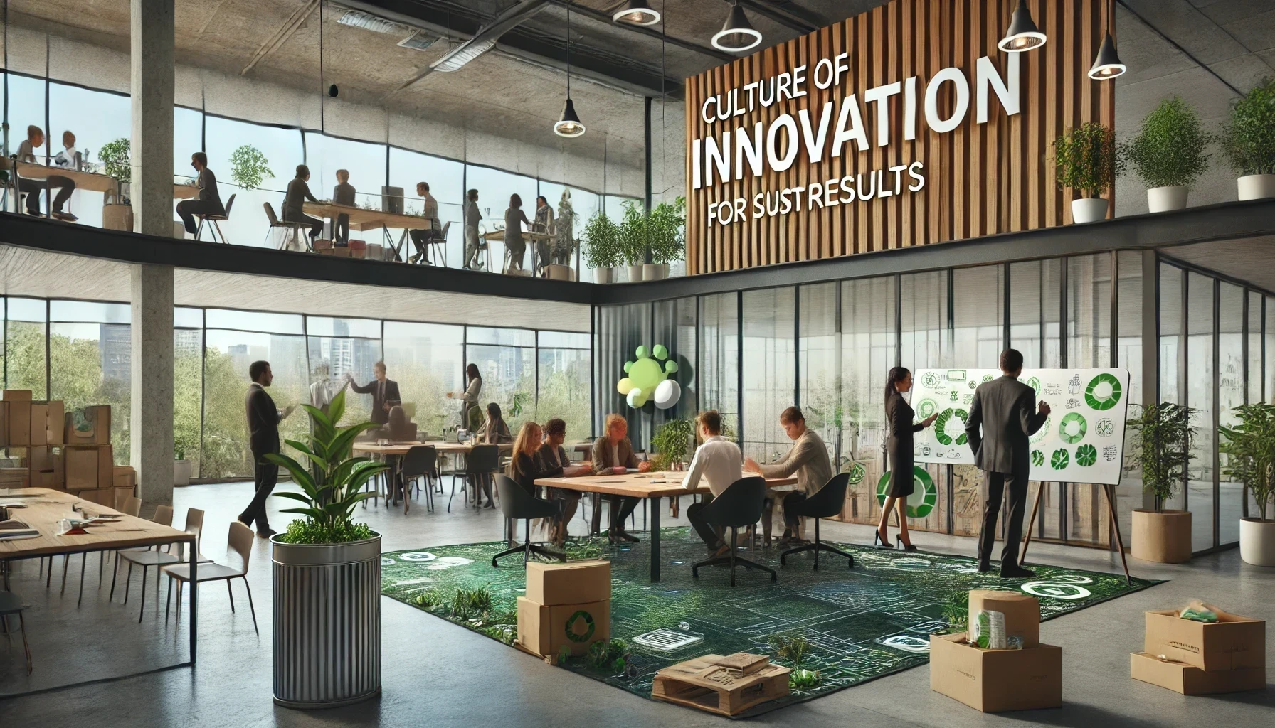 Scène réaliste montrant des employés d'une entreprise moderne collaborant dans un espace de travail éco-responsable, symbolisant une culture d'innovation pour des résultats durables, avec des visages humains et des éléments naturels comme des plantes et des surfaces lumineuses.