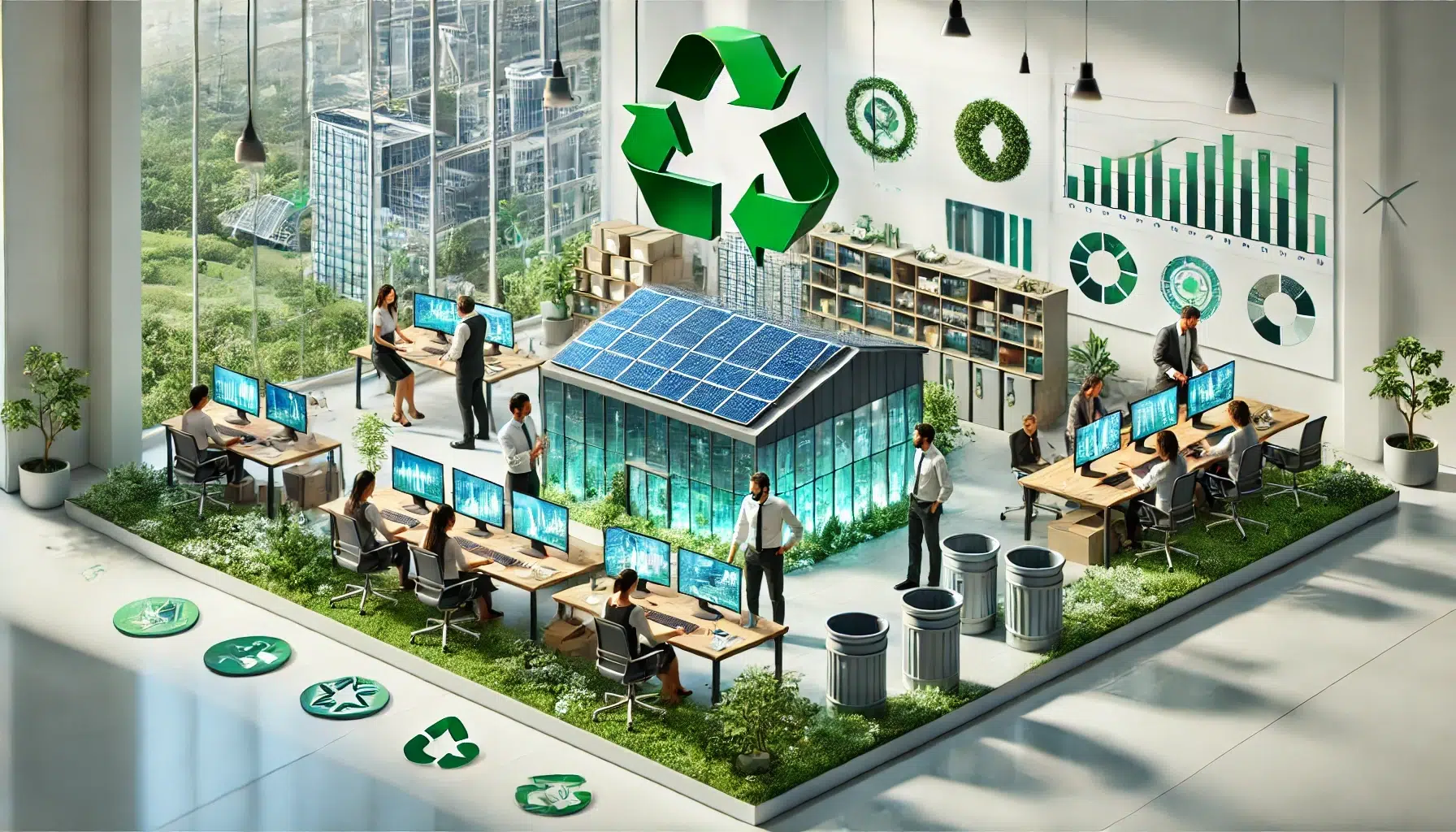 PME_Bretagne-adoption_RSE_regenerative-optimisation_ressources-dxsigner - Scène 3D montrant des PME adoptant des pratiques de RSE pour optimiser leurs ressources, dans un bureau moderne avec des panneaux solaires et stations de recyclage,