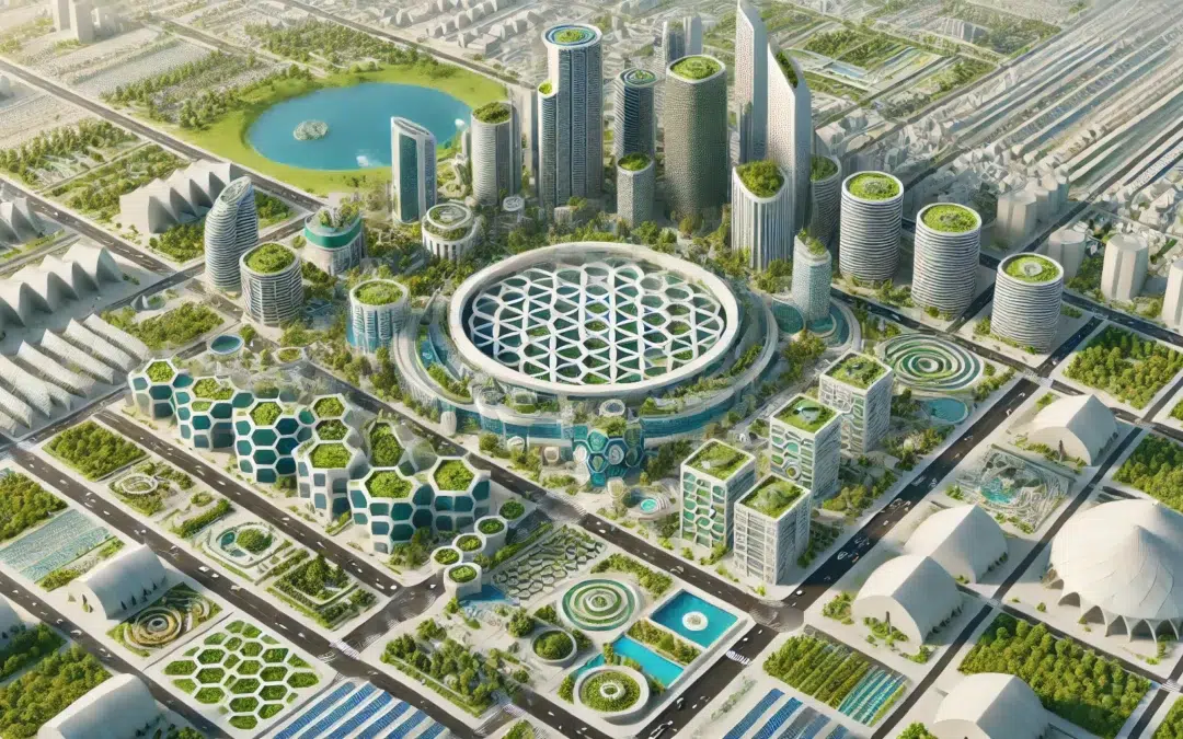 ARCH-ville_durable_geometrie_sacree_architecture_regeneratrice-circulaire-habitation-smart-city-dxsigner - Ville futuriste en 3D utilisant la géométrie sacrée pour une architecture régénératrice, avec des bâtiments écologiques, toits verts, jardins verticaux et panneaux solaires.