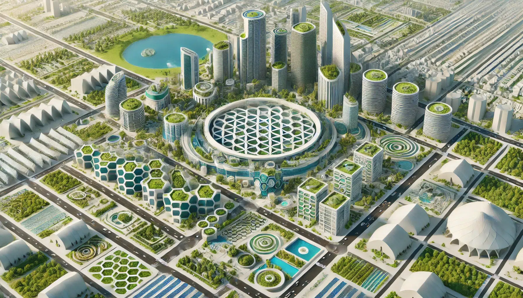 ARCH-ville_durable_geometrie_sacree_architecture_regeneratrice-circulaire-habitation-smart-city-dxsigner - Ville futuriste en 3D utilisant la géométrie sacrée pour une architecture régénératrice, avec des bâtiments écologiques, toits verts, jardins verticaux et panneaux solaires.