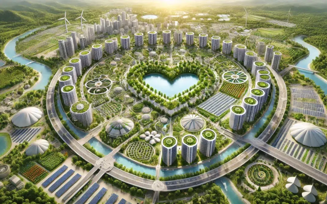 ARCH-ville_durable_coeur_architecture_regeneratrice_circulaire_energies_renouvelables_permaculture-smart-city-geometrie-sacree-dxsigner - Ville futuriste en forme de cœur conçue avec l'Architecture Régénératrice Circulaire, intégrant énergies renouvelables, toits verts, jardins verticaux, permaculture, et réseaux de transport intelligents.