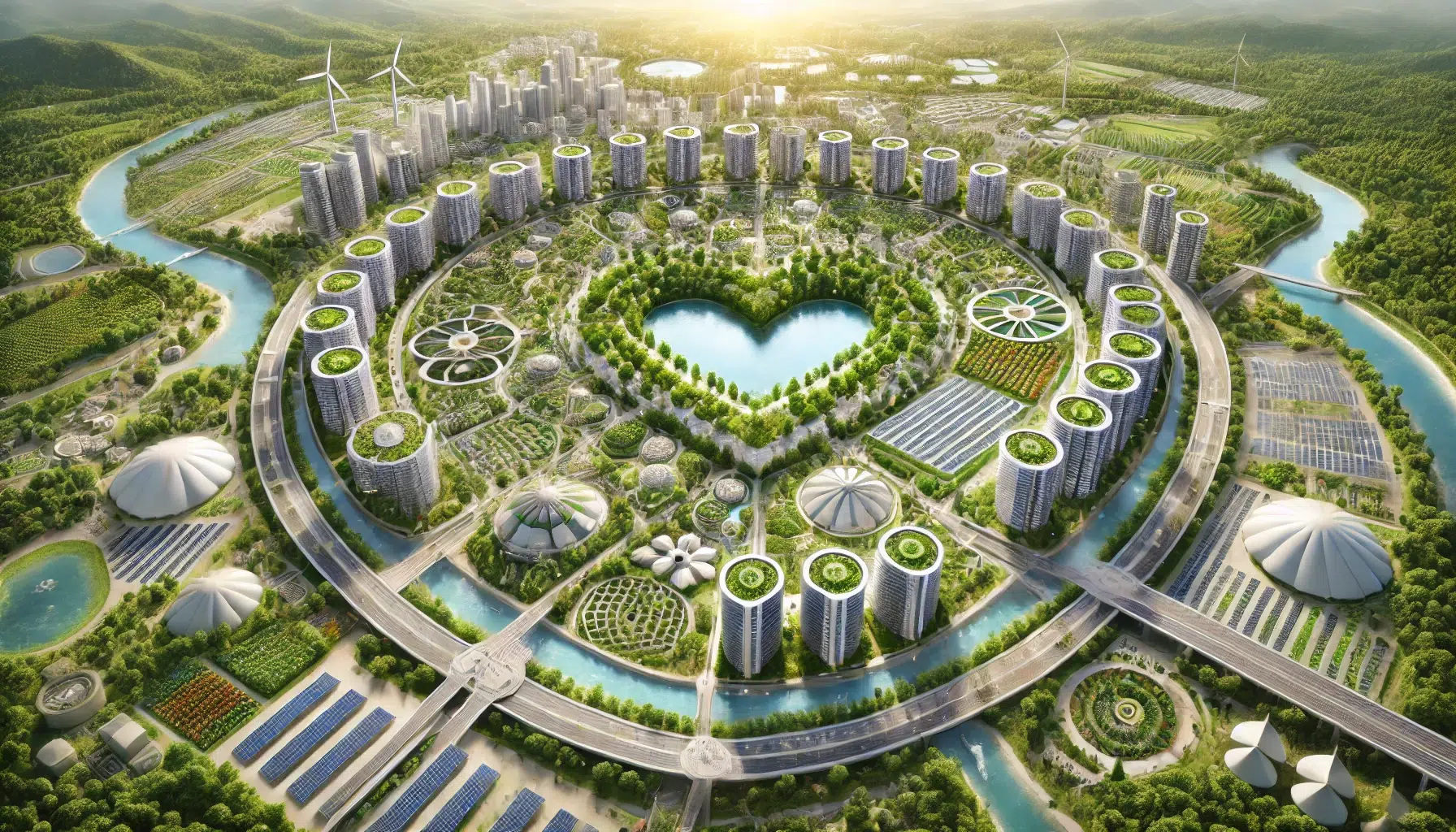 ARCH-ville_durable_coeur_architecture_regeneratrice_circulaire_energies_renouvelables_permaculture-smart-city-geometrie-sacree-dxsigner - Ville futuriste en forme de cœur conçue avec l'Architecture Régénératrice Circulaire, intégrant énergies renouvelables, toits verts, jardins verticaux, permaculture, et réseaux de transport intelligents.