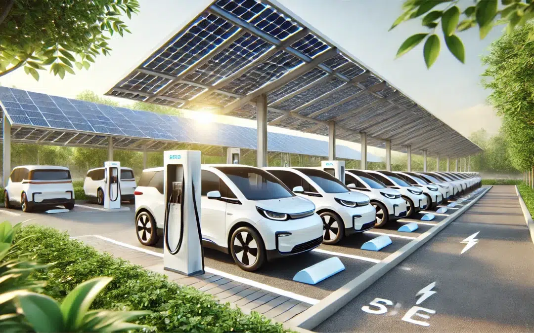 Scène 3D montrant des solutions de recharge solaire pour les flottes de véhicules des petites entreprises, avec des bornes de recharge sous des panneaux solaires dans un environnement moderne et écologique - ARCH-PME-durable_solutions_recharge_solaire_flottes_vehicules_petites_entreprises-dxsigner -