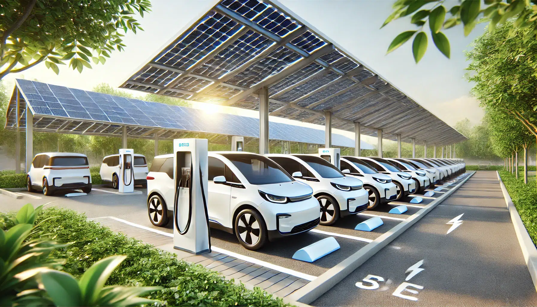 Scène 3D montrant des solutions de recharge solaire pour les flottes de véhicules des petites entreprises, avec des bornes de recharge sous des panneaux solaires dans un environnement moderne et écologique - ARCH-PME-durable_solutions_recharge_solaire_flottes_vehicules_petites_entreprises-dxsigner -