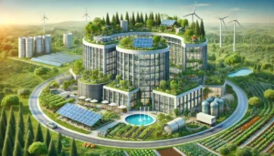 Représentation 3D d'une entreprise régénératrice avec design circulaire, toits verts, panneaux solaires, éoliennes et systèmes de gestion des ressources dans un cadre durable - entreprise_regenerative_ARC