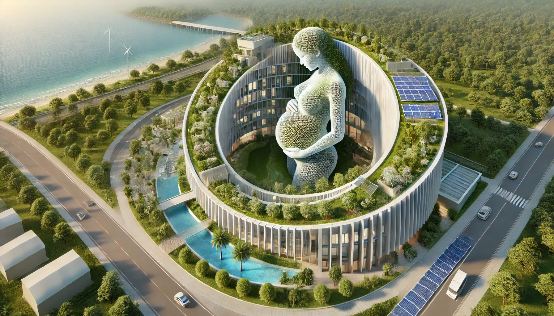 maternité_regenerative_ARC_forme_femme_enceinte_Croix_Rouge - Représentation 3D d'une maternité régénératrice en forme de femme enceinte avec un symbole de la Croix Rouge, des toits verts, panneaux solaires et un environnement durable. - Autonomie énergétique et bâtiments intelligents - Réduire les coûts énergétiques des PME_petites_entreprises-dxsigner