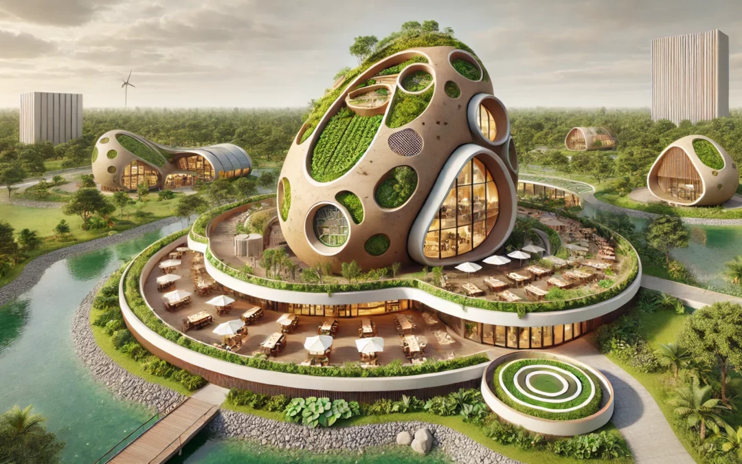 Restaurant futuriste en 3D en forme de pomme de terre conçu avec des principes d'Architecture Régénératrice Circulaire, intégrant toits verts, panneaux solaires et un environnement naturel - L'autoconsommation d'énergie renouvelable : Un atout pour la compétitivité des petites entreprises -