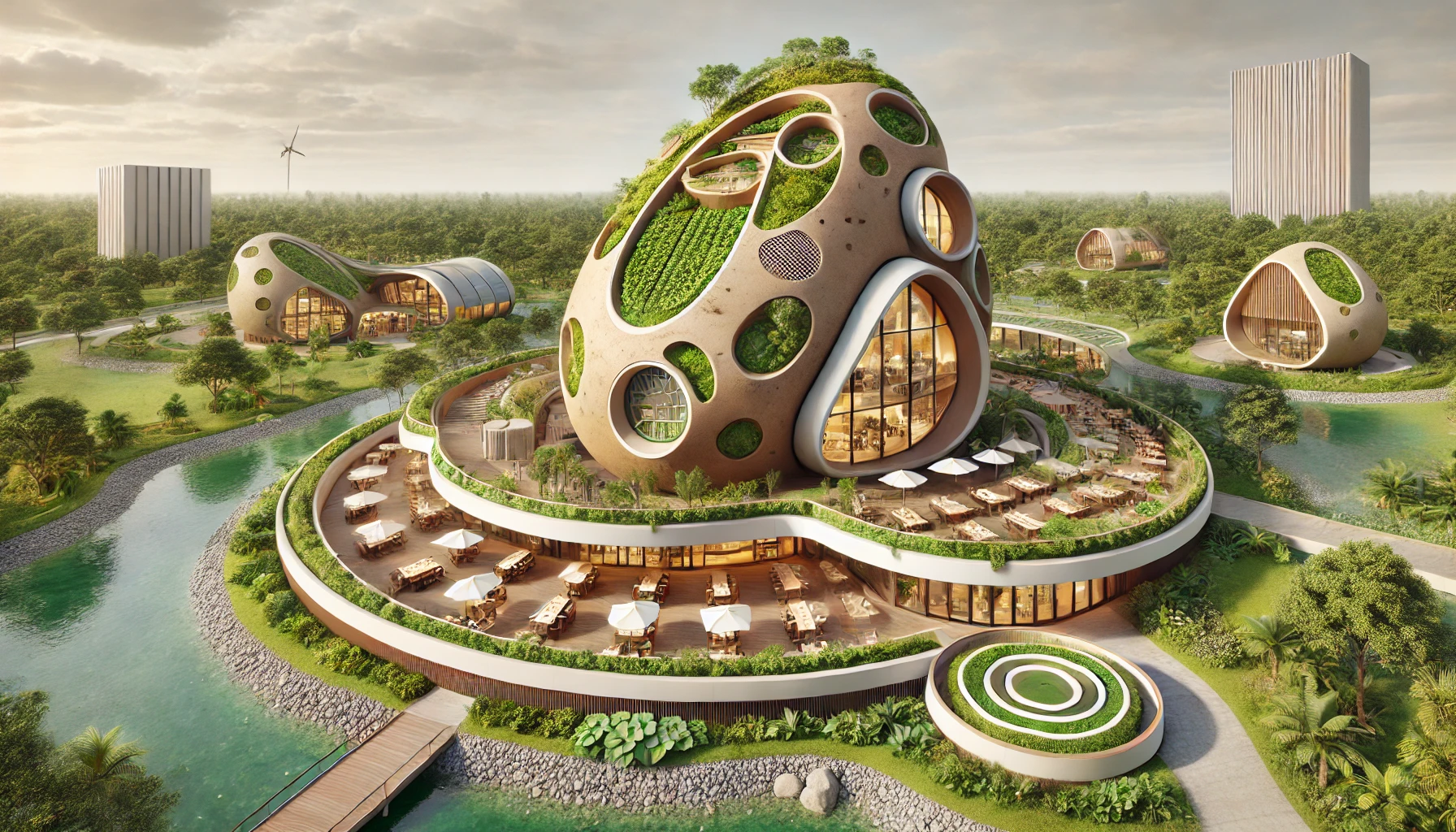 Restaurant futuriste en 3D en forme de pomme de terre conçu avec des principes d'Architecture Régénératrice Circulaire, intégrant toits verts, panneaux solaires et un environnement naturel - L'autoconsommation d'énergie renouvelable : Un atout pour la compétitivité des petites entreprises -