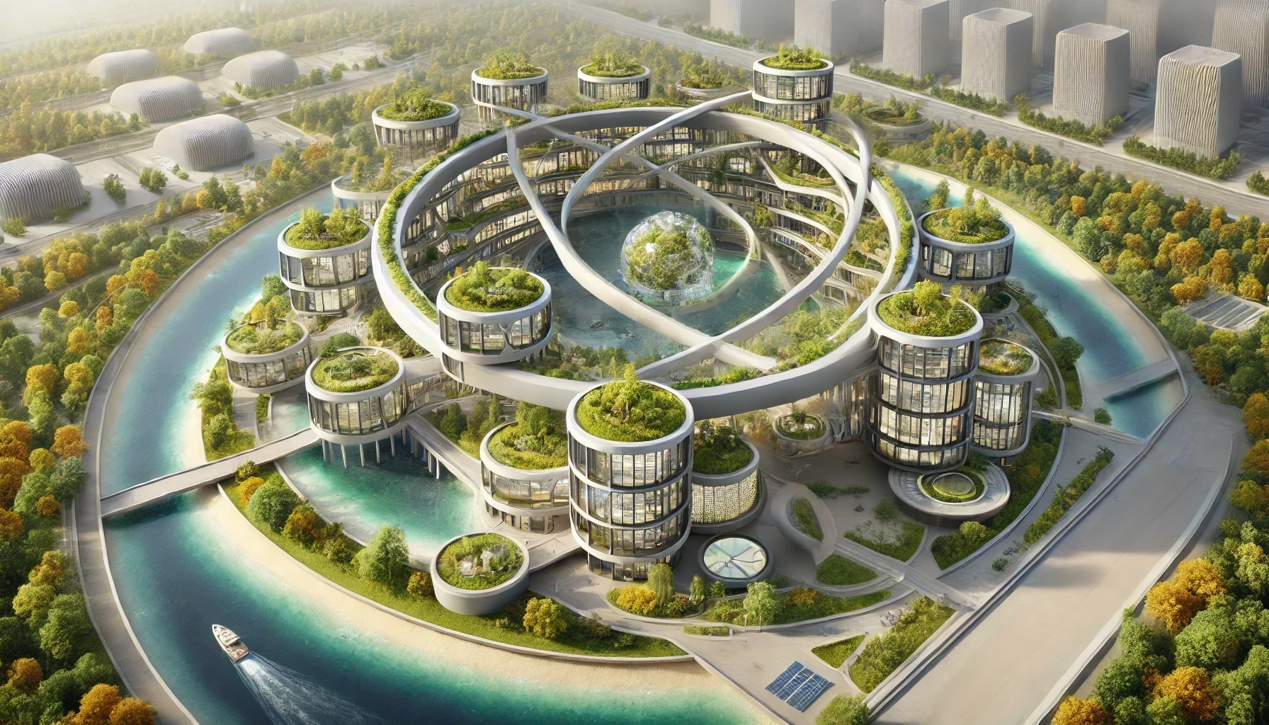 RSE et innovation verte - Quand les entreprises adoptent des solutions basées sur la nature - Entreprise ARC en forme d'atome, intégrant des toits verts, des panneaux solaires, des jardins verticaux et des solutions naturelles comme le recyclage de l'eau pour un espace durable et innovant