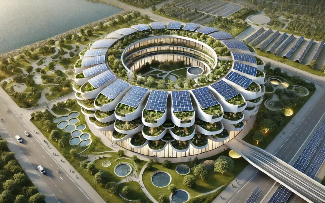 Autoconsommation énergétique Les avantages des énergies renouvelables pour les PME - Entreprise futuriste en 3D construite avec l'Architecture Régénérative Circulaire, recouverte de tuiles solaires Tesla, avec toits verts, jardins verticaux et systèmes de recyclage, entourée d'espaces verts.