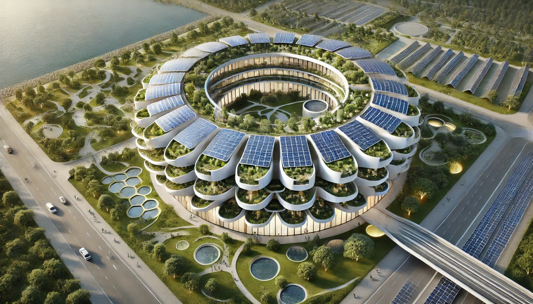 Autoconsommation énergétique Les avantages des énergies renouvelables pour les PME - Entreprise futuriste en 3D construite avec l'Architecture Régénérative Circulaire, recouverte de tuiles solaires Tesla, avec toits verts, jardins verticaux et systèmes de recyclage, entourée d'espaces verts.
