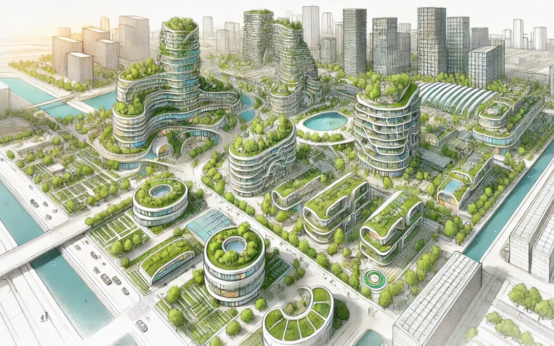 Comment l'Architecture Régénératrice Circulaire peut transformer les zones urbaines - Esquisse détaillée d'un projet urbain intégrant des zones résidentielles ARCH et des zones d'entreprises ARC, avec toits végétalisés, jardins verticaux et architecture durable