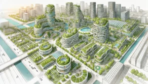 Comment l'Architecture Régénératrice Circulaire peut transformer les zones urbaines - Esquisse détaillée d'un projet urbain intégrant des zones résidentielles ARCH et des zones d'entreprises ARC, avec toits végétalisés, jardins verticaux et architecture durable