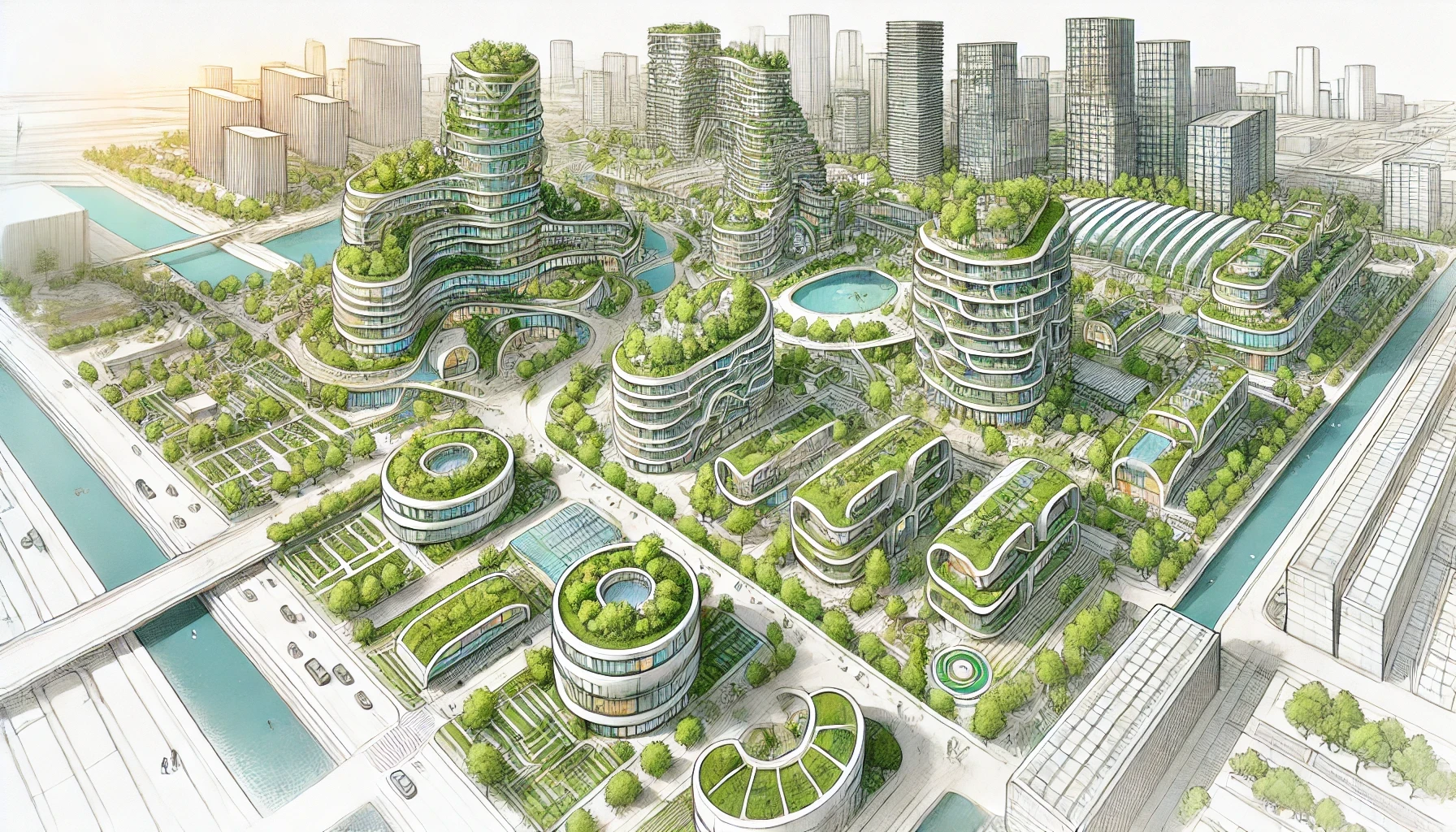 Comment l'Architecture Régénératrice Circulaire peut transformer les zones urbaines - Esquisse détaillée d'un projet urbain intégrant des zones résidentielles ARCH et des zones d'entreprises ARC, avec toits végétalisés, jardins verticaux et architecture durable