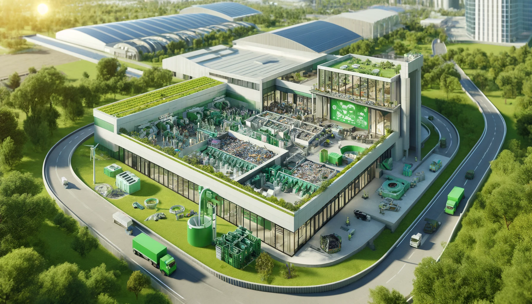 Économie circulaire - Vers une réduction des coûts et des déchets en entreprise - Scène 3D d'une entreprise futuriste utilisant l'Architecture Régénérative Circulaire pour le tri et le recyclage des déchets, avec des toits verts, panneaux solaires et équipements de gestion durable.