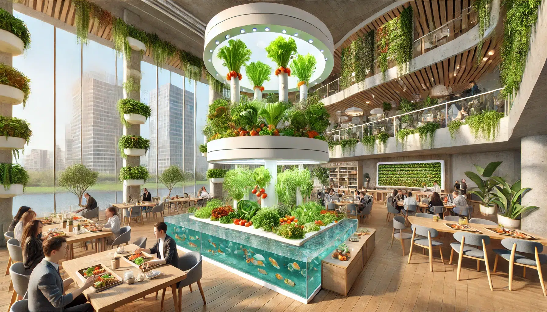 L'aquaponie en entreprise : réduire l'impact environnemental tout en produisant de la nourriture - Cantine d'entreprise avec système d'aquaponie intégré, montrant des poissons comestibles et des cultures fraîches comme la laitue et les tomates, pour réduire l'impact environnemental et produire de la nourriture localement