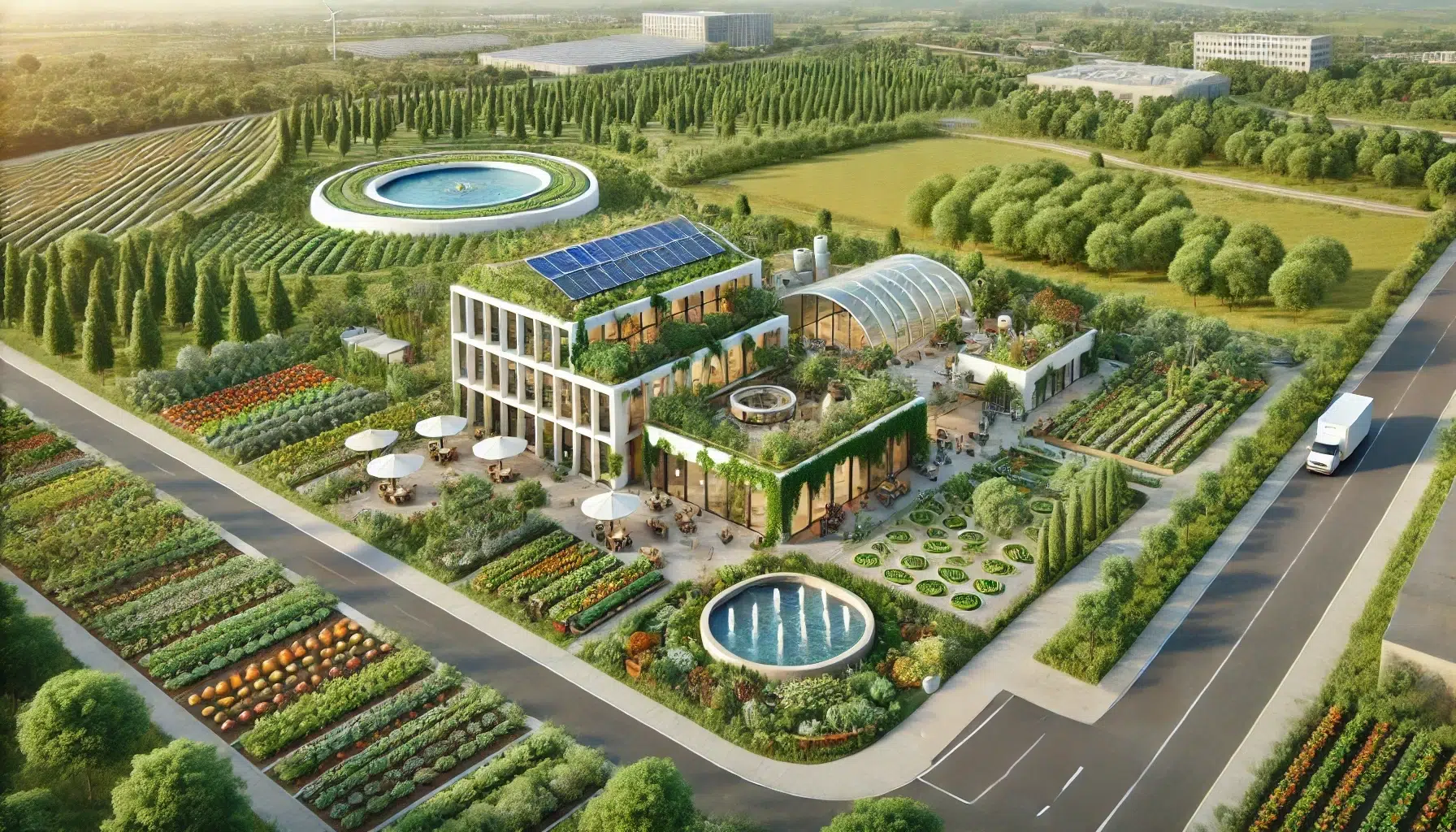 RSE et énergies renouvelables - Créer une entreprise neutre en carbone-ARCH-ARC-Design-dxsigner - Scène réaliste d'une entreprise neutre en carbone utilisant des sources d'énergie renouvelable, avec des panneaux solaires, des toits végétalisés, et des installations d'hydroélectricité, entourée de verdure et de stations de recharge pour véhicules électriques