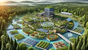 Comment la RSE améliore la gestion des ressources dans les PME - Une image représentant une entreprise neutre en carbone, conçue avec des principes d'Architecture Régénérative Circulaire (ARC). Elle intègre des forêts nourricières, des jardins de permaculture, et un îlot de biodiversité avec des animaux sauvages réalistes comme des cerfs, des renards, des oiseaux, et des lapins, le tout dans un aménagement harmonieux suivant des motifs de géométrie sacrée.