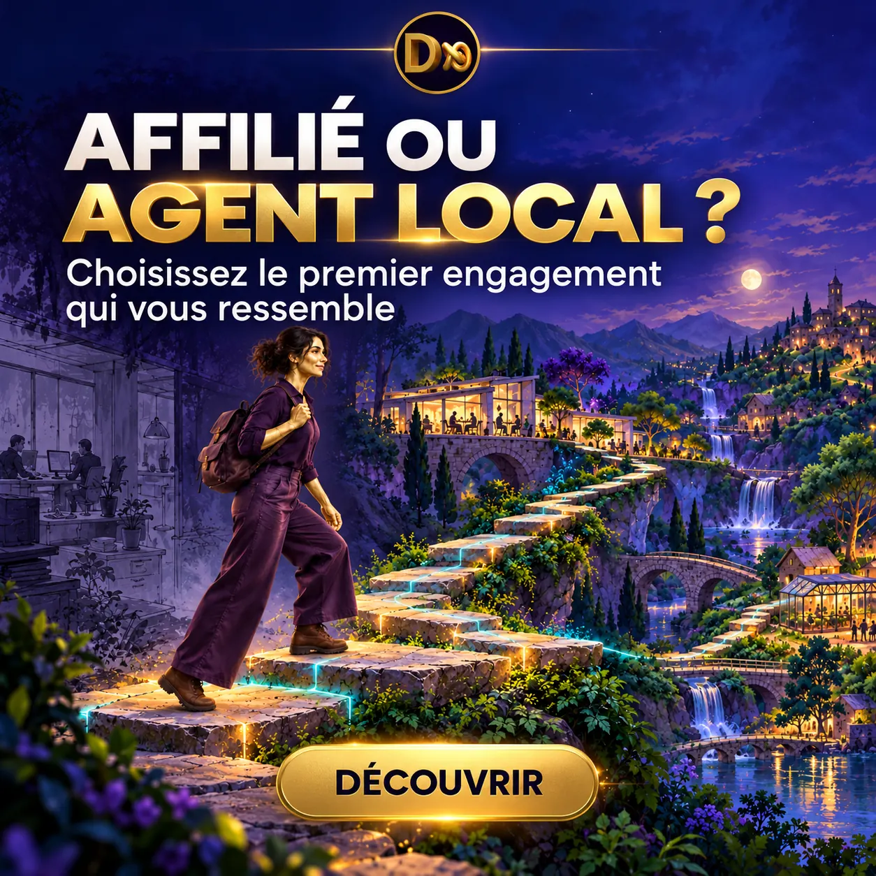 Une entrepreneure avance par étapes vers un territoire régénératif pour choisir entre l’affiliation et le métier d’Agent Local.