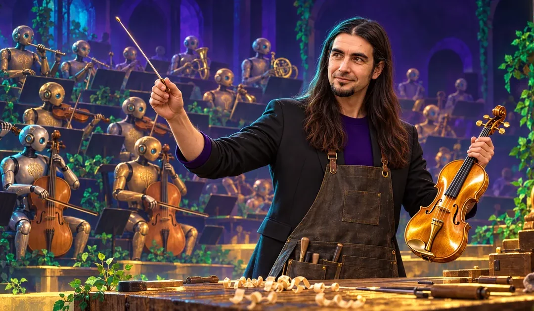 Brendan Tangi, baguette dorée levée et violon en main devant son établi de luthier, dirige un orchestre de robots en argent, cuivre et or.
