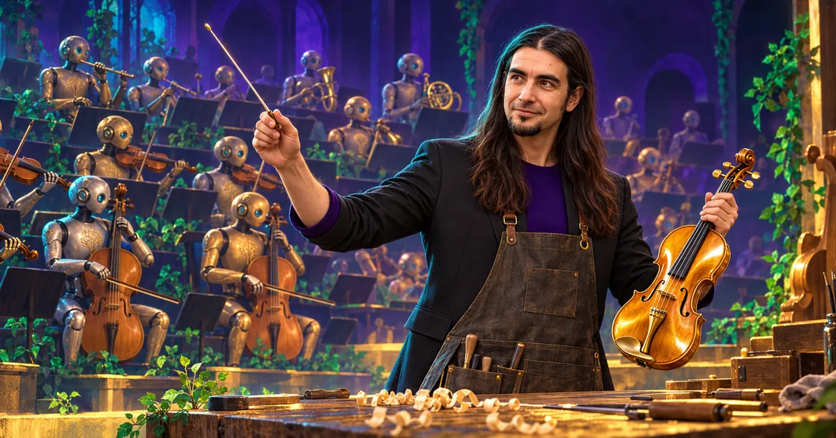 Chef d'orchestre et luthier de ses agents IA — Dxsigner Brendan Tangi, baguette dorée levée et violon en main devant son établi de luthier, dirige un orchestre de robots en argent, cuivre et or.