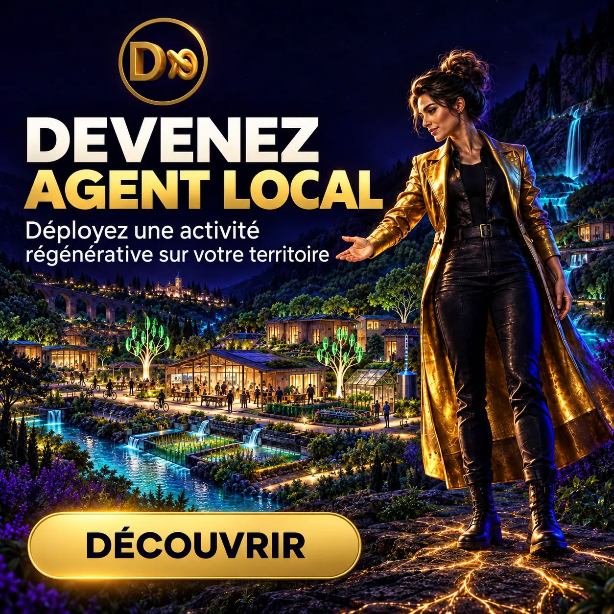 Une agente locale présente un territoire vivant où entreprises, ateliers et ressources régénératives se relient.