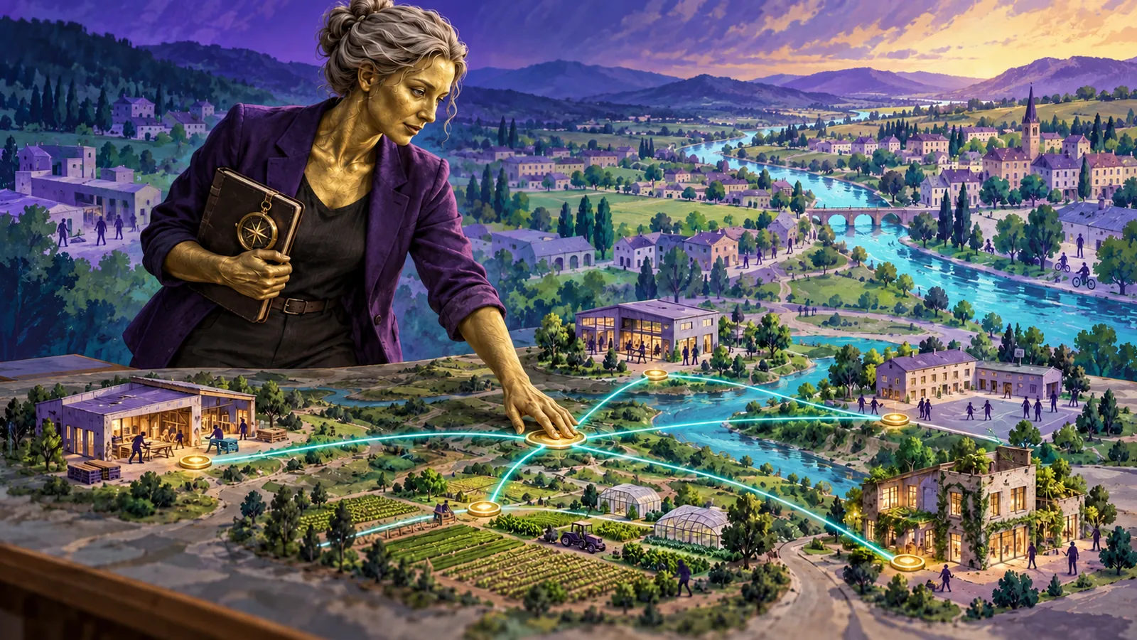 Une agente locale à la peau dorée relie les entreprises, les ateliers et les ressources de son territoire.