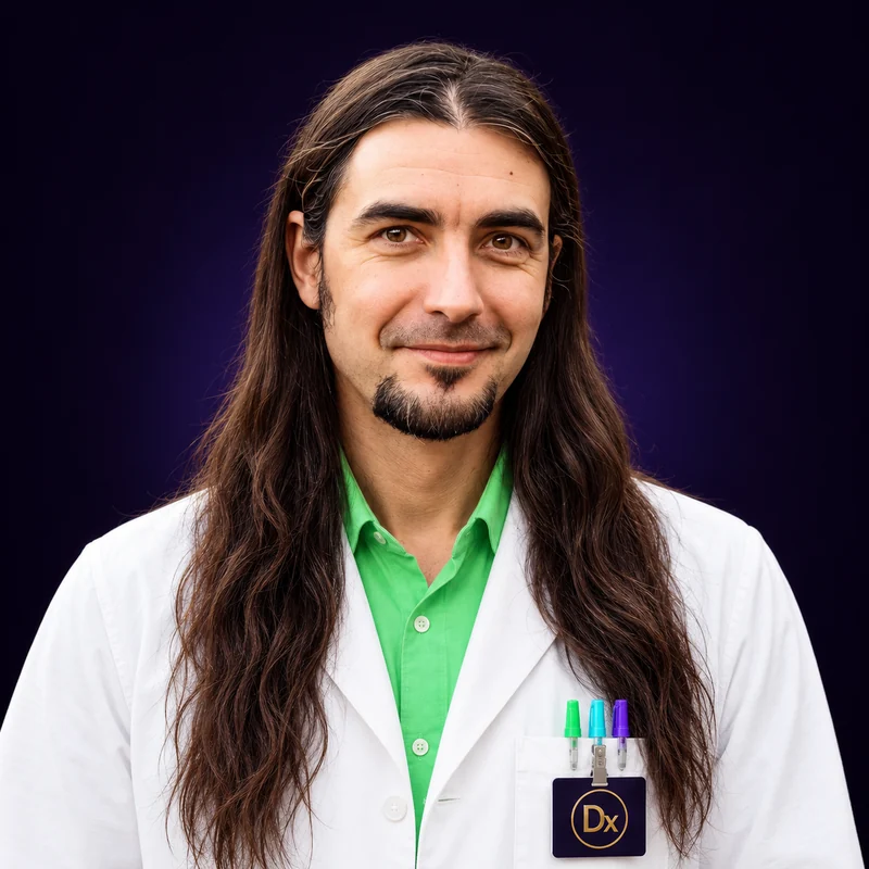 Brendan Tangi sourit face à l’objectif, longs cheveux bruns, blouse blanche ouverte sur une chemise verte, stylos et badge Dx à la poche, sur fond violet nuit.
