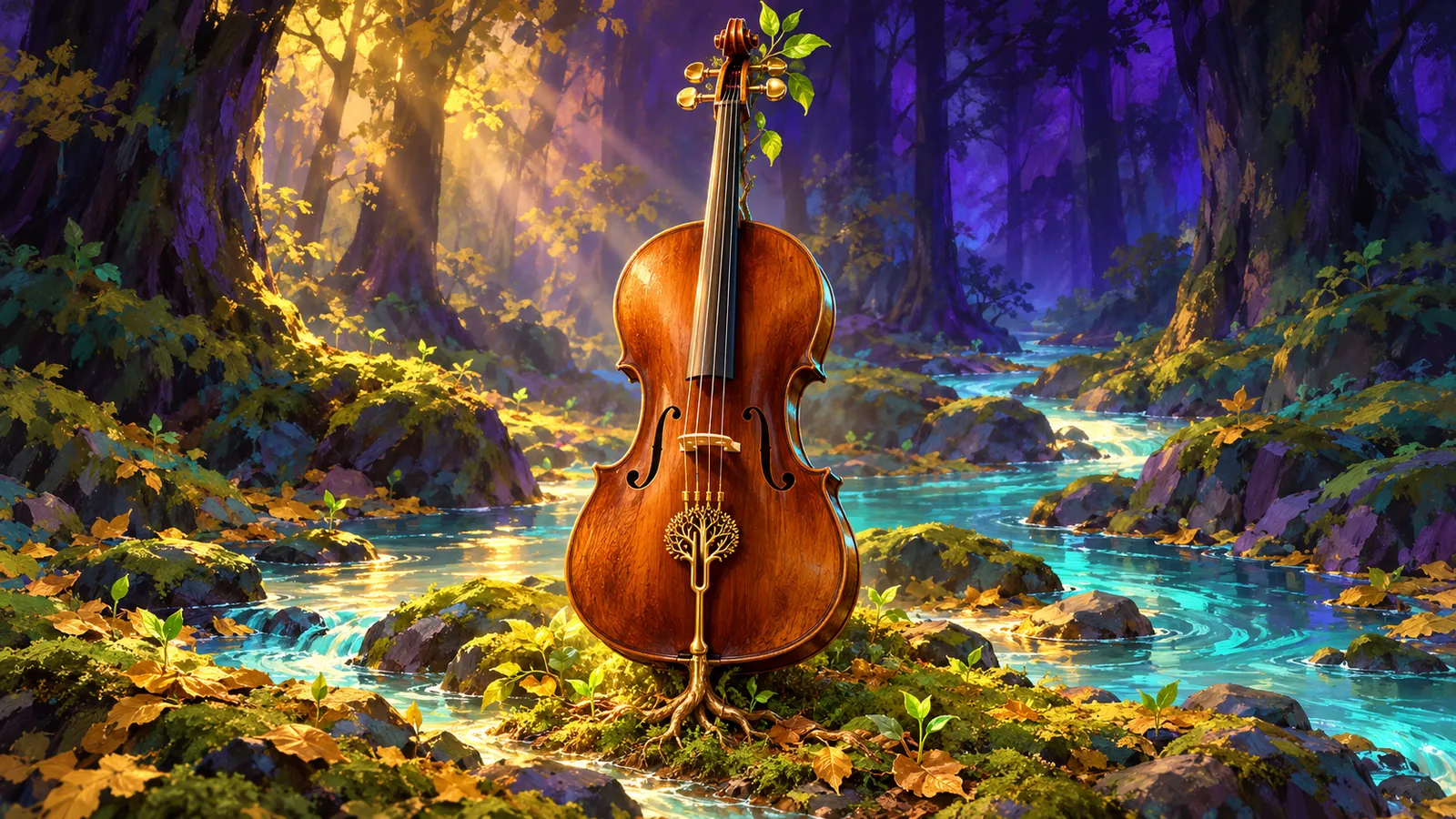 Un écosystème en boucle fermée accordé par le Protocole Harmonie — Dxsigner Un violoncelle en bois vivant, au cordier en forme d’arbre-diapason doré, prend racine dans une clairière qu’un ruisseau entoure avant de revenir à son pied.