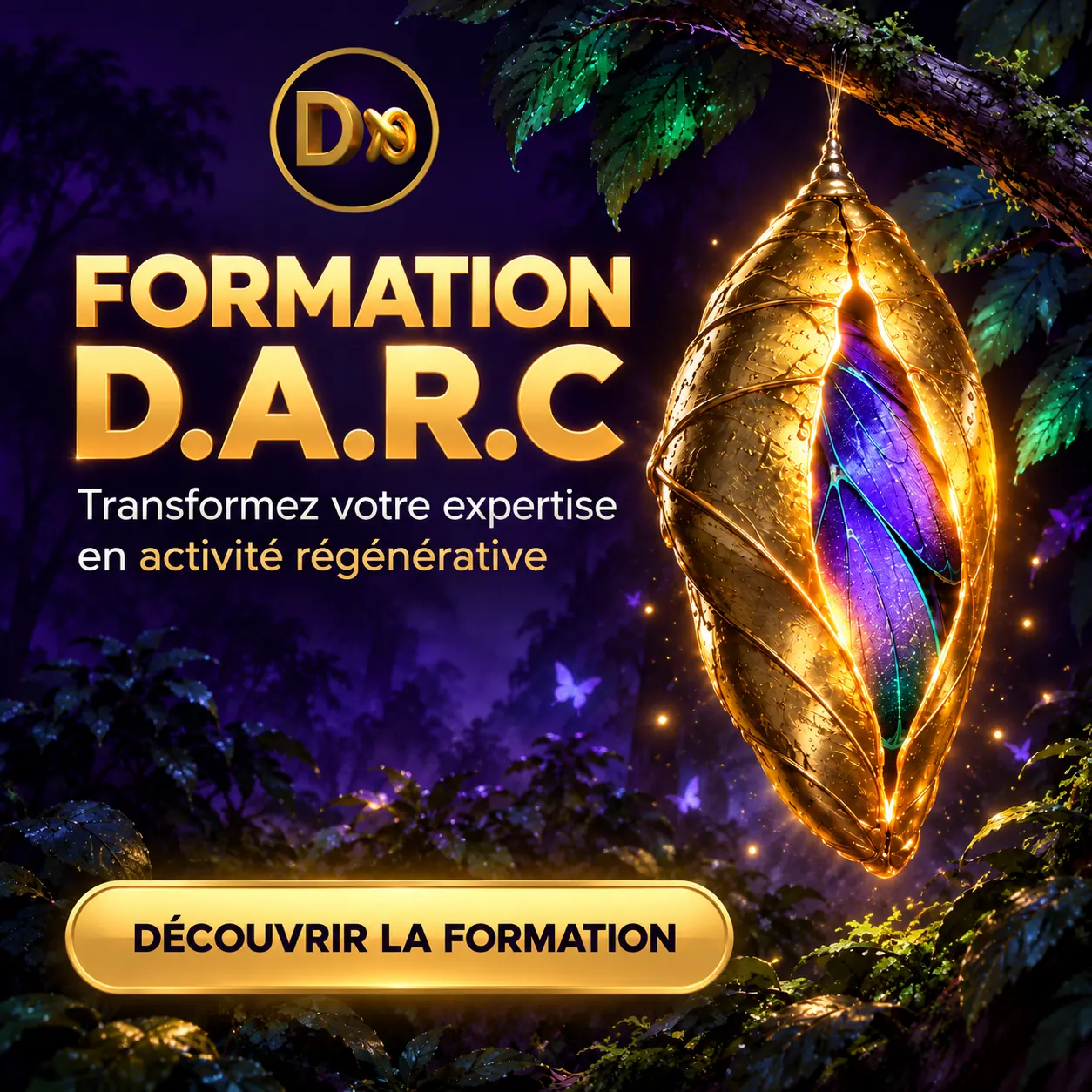 Une chrysalide dorée s’ouvre dans une forêt violette et révèle une transformation vivante et lumineuse.