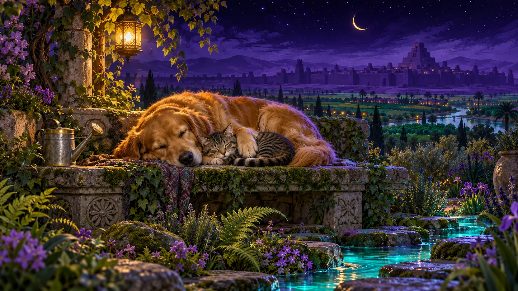 Un chien et un chat endormis ensemble sur un banc de pierre dans un jardin, sous une lanterne, face à une cité sumérienne et sa ziggourat au loin.
