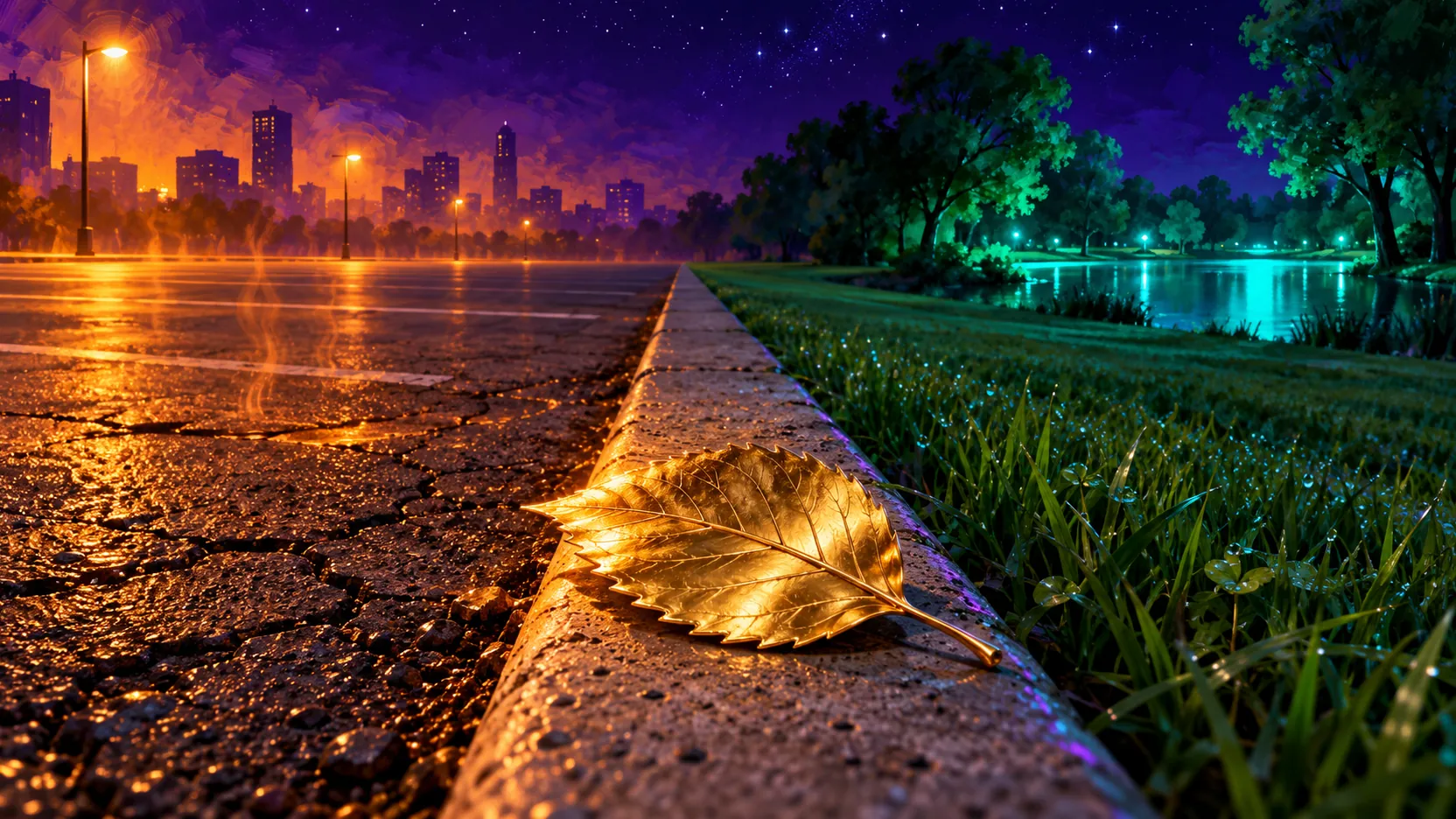 Une feuille d’or posée sur une bordure de trottoir, la nuit, entre un parking de bitume qui rayonne encore la chaleur et un parc frais au bord d’un étang.