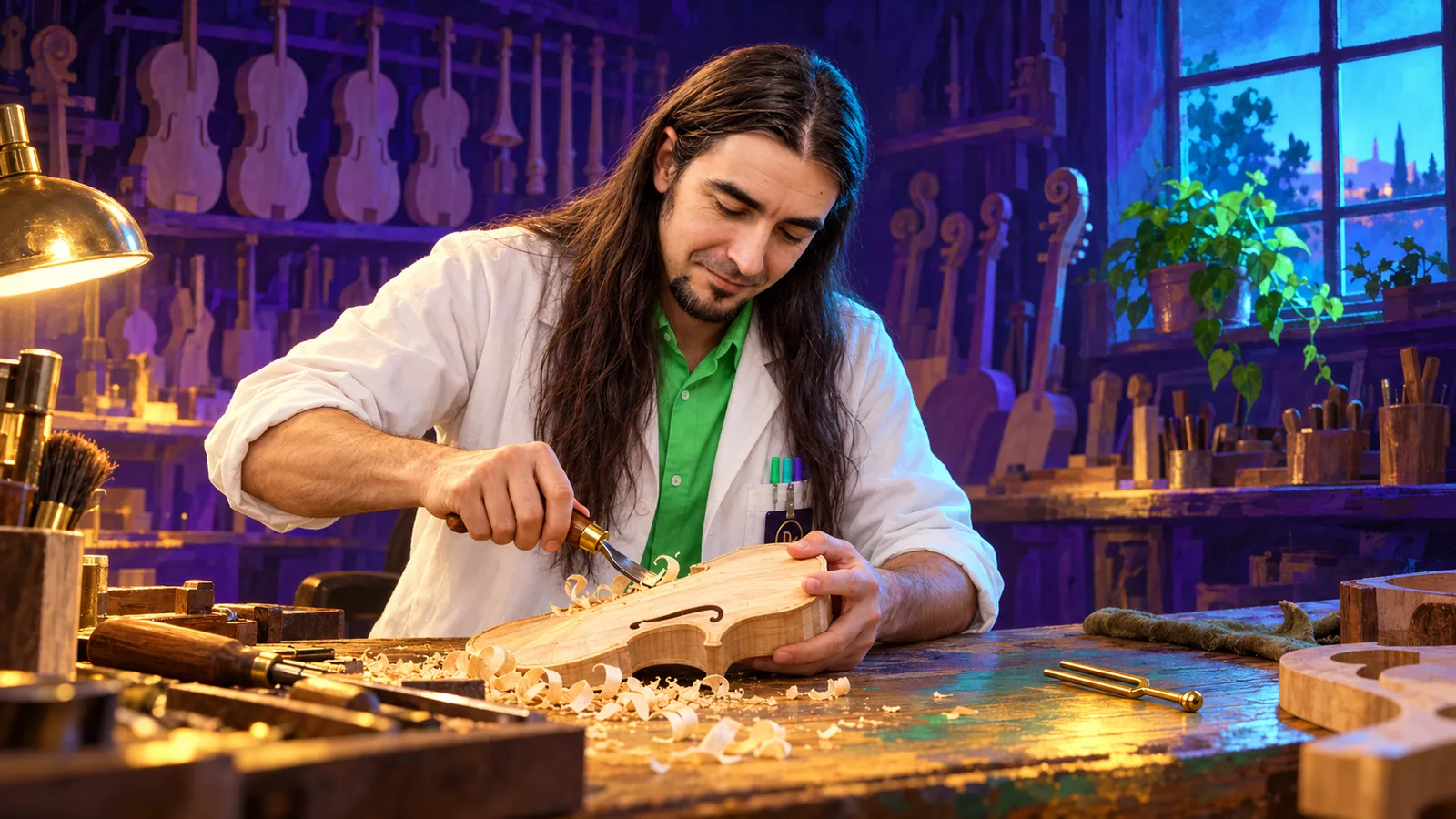 Fabriquer ses skills d’agents IA comme un luthier — Dxsigner Brendan Tangi, en blouse blanche, creuse à la gouge la table d’un violon à son établi, un diapason doré posé près des copeaux, devant un mur d’instruments inachevés.