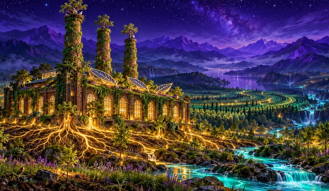 Une ancienne usine aux cheminées couvertes de végétation, dont les racines d’or nourrissent une forêt qui repousse en anneaux autour d’elle, la nuit.