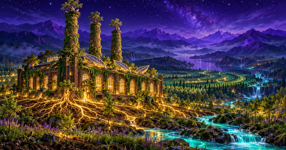 Au-delà de la neutralité carbone : l’usine devenue puits de carbone Une ancienne usine aux cheminées couvertes de végétation, dont les racines d’or nourrissent une forêt qui repousse en anneaux autour d’elle, la nuit.