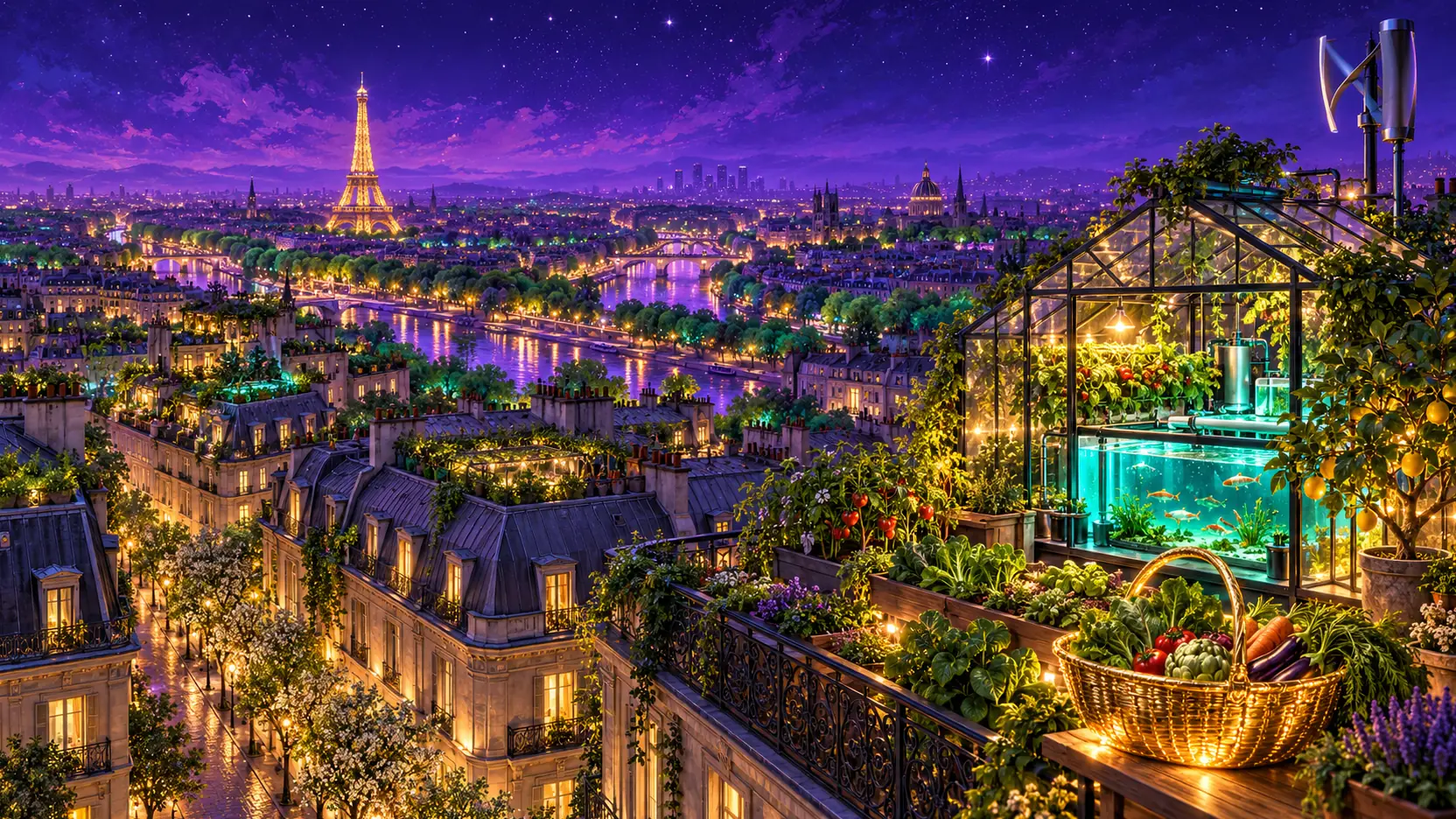 Un toit parisien transformé en potager avec une serre aquaponique, une petite éolienne et un panier d’or rempli de légumes ; au loin, la tour Eiffel illuminée au-dessus de toits verts.