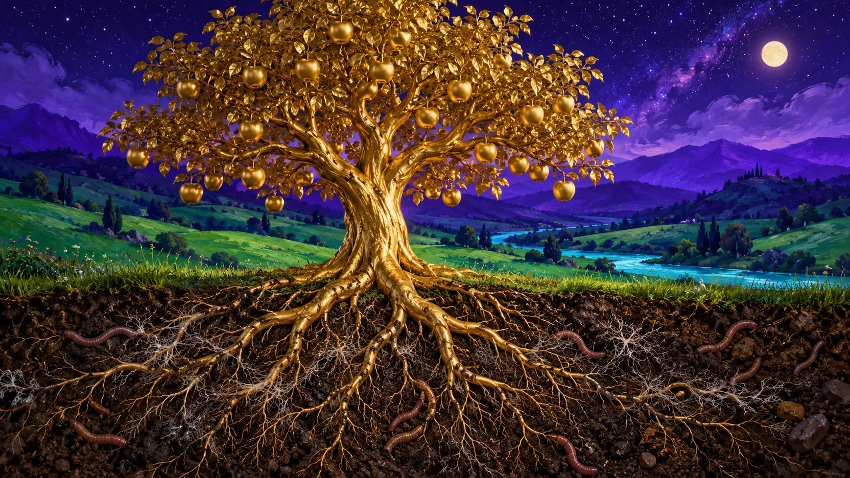 Un pommier entièrement en or, chargé de pommes d’or, dont les racines d’or plongent dans un sol vivant parcouru de vers de terre et de filaments de champignons, sous un ciel violet étoilé.