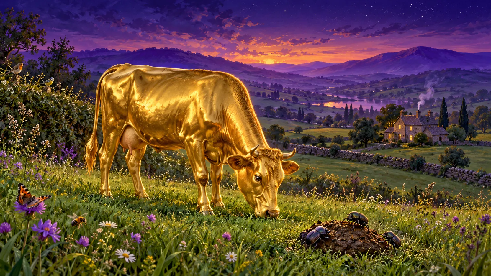 Une vache en or broute dans une prairie fleurie au crépuscule ; à ses pieds, des bousiers travaillent une bouse ; au loin, une ferme en pierre et sa fumée.