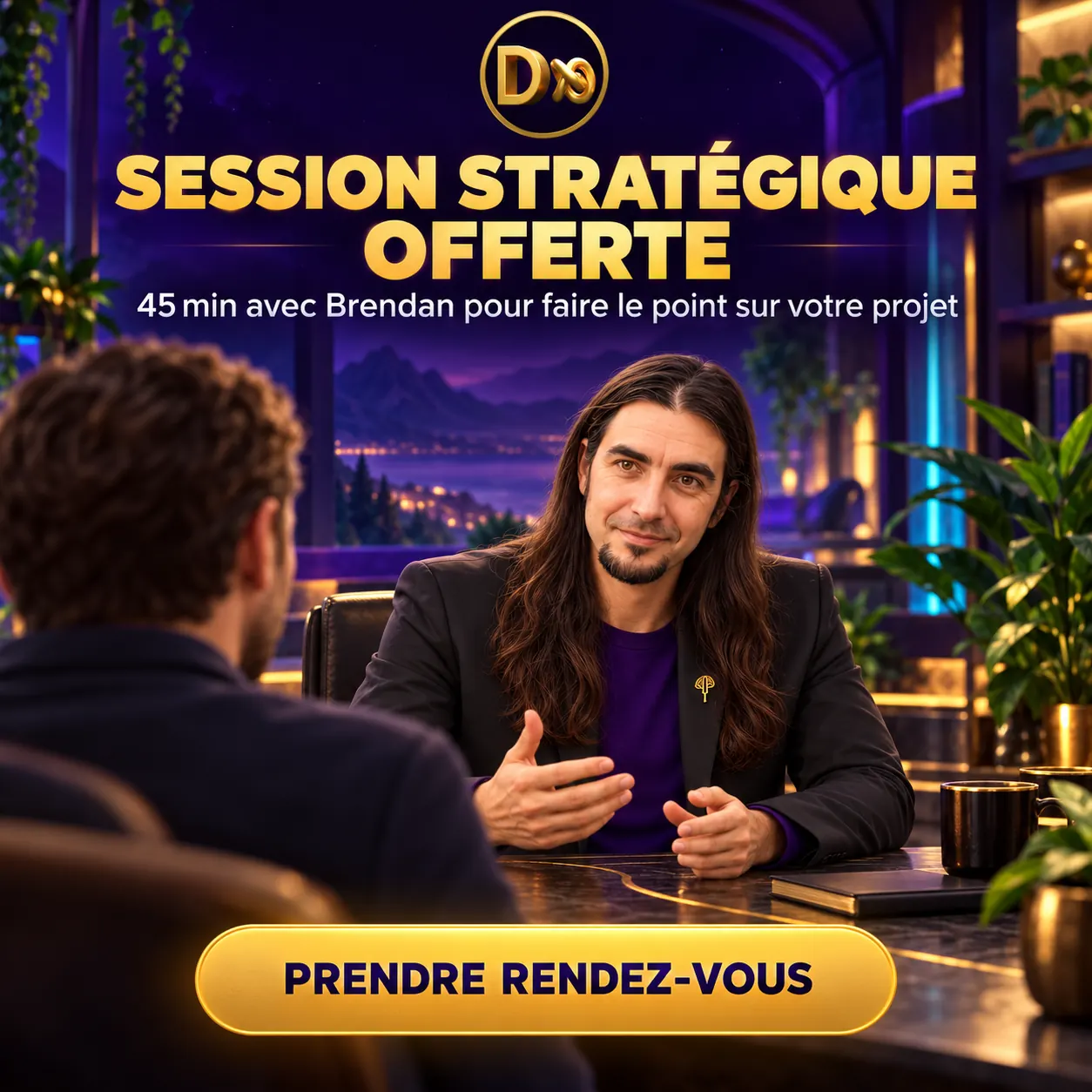 Brendan Tangi échange avec un entrepreneur autour d’un bureau dans un espace de conseil vivant et technologique.