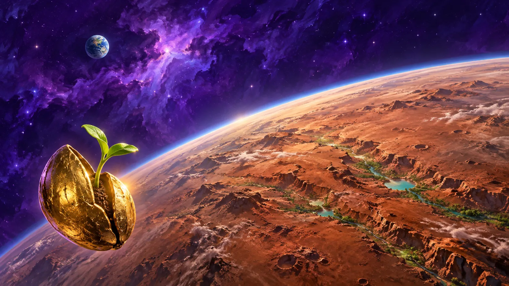 Une graine d’or qui s’ouvre sur une pousse verte face à la planète Mars, où apparaissent des taches de végétation et des lacs, la Terre au loin.