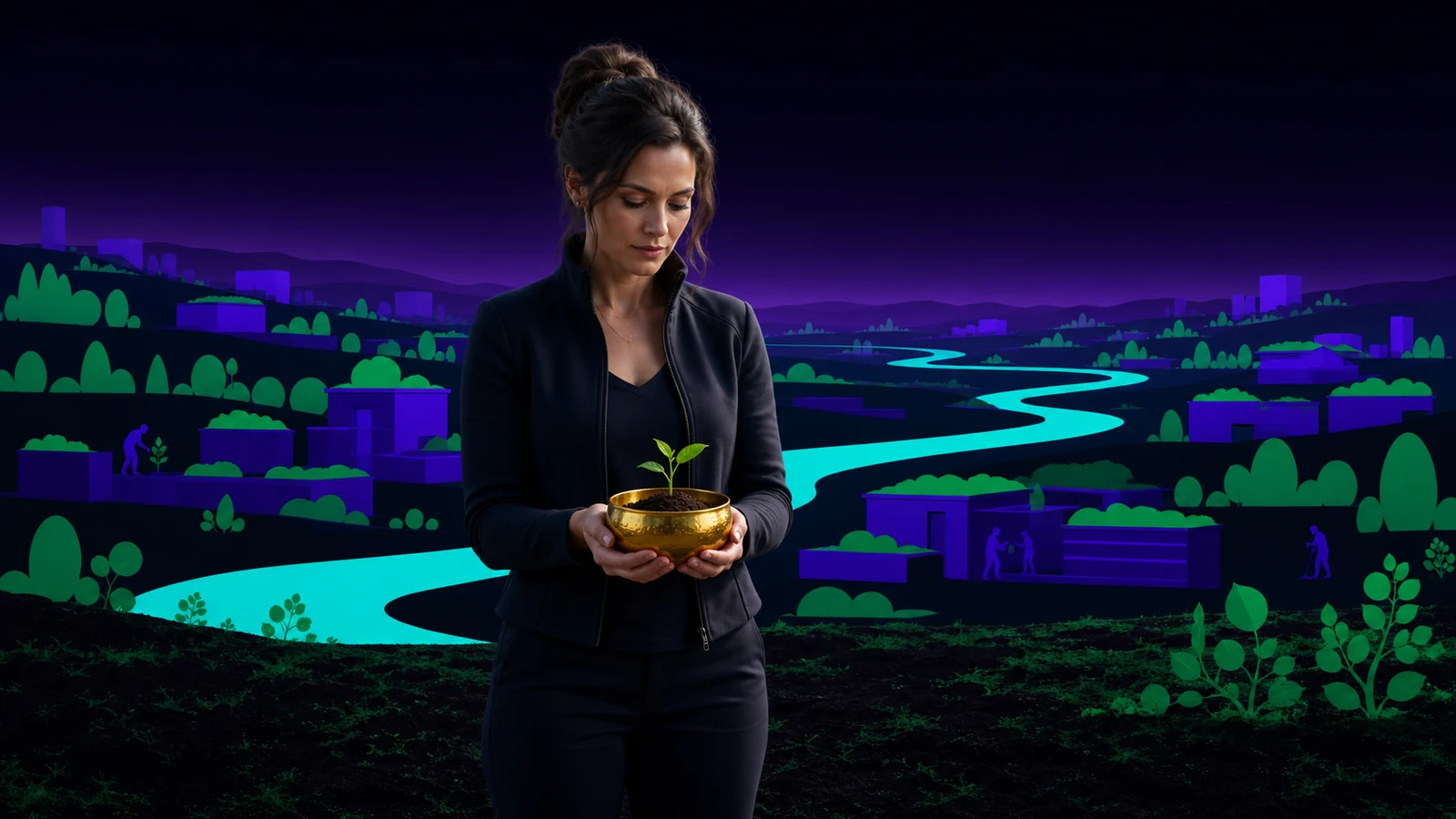 Une femme tient une coupe d’or contenant une jeune plante devant un paysage régénératif nocturne.