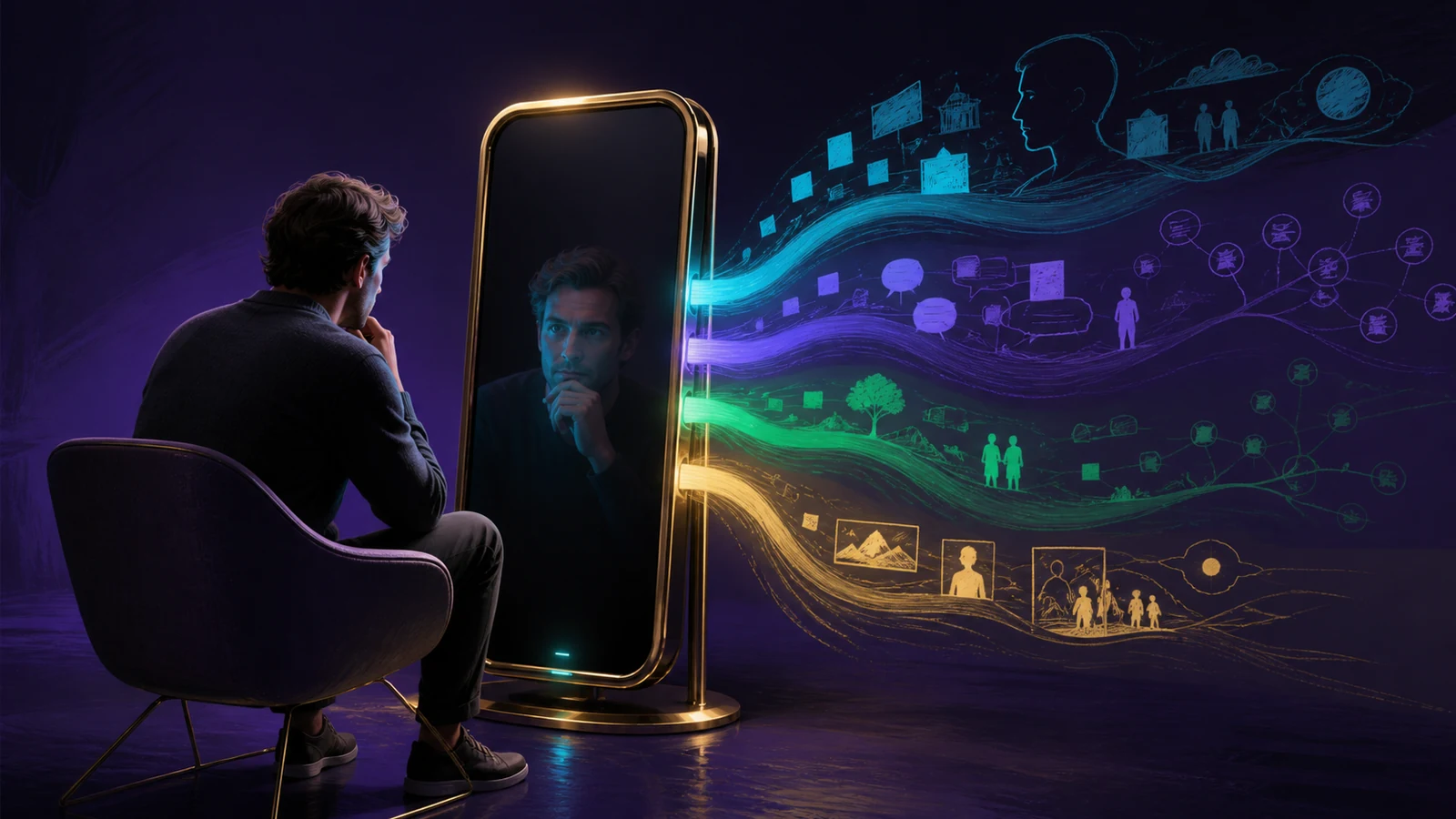 Un humain observe son reflet dans un miroir de silicium tandis que ses mémoires et ses relations se déploient.