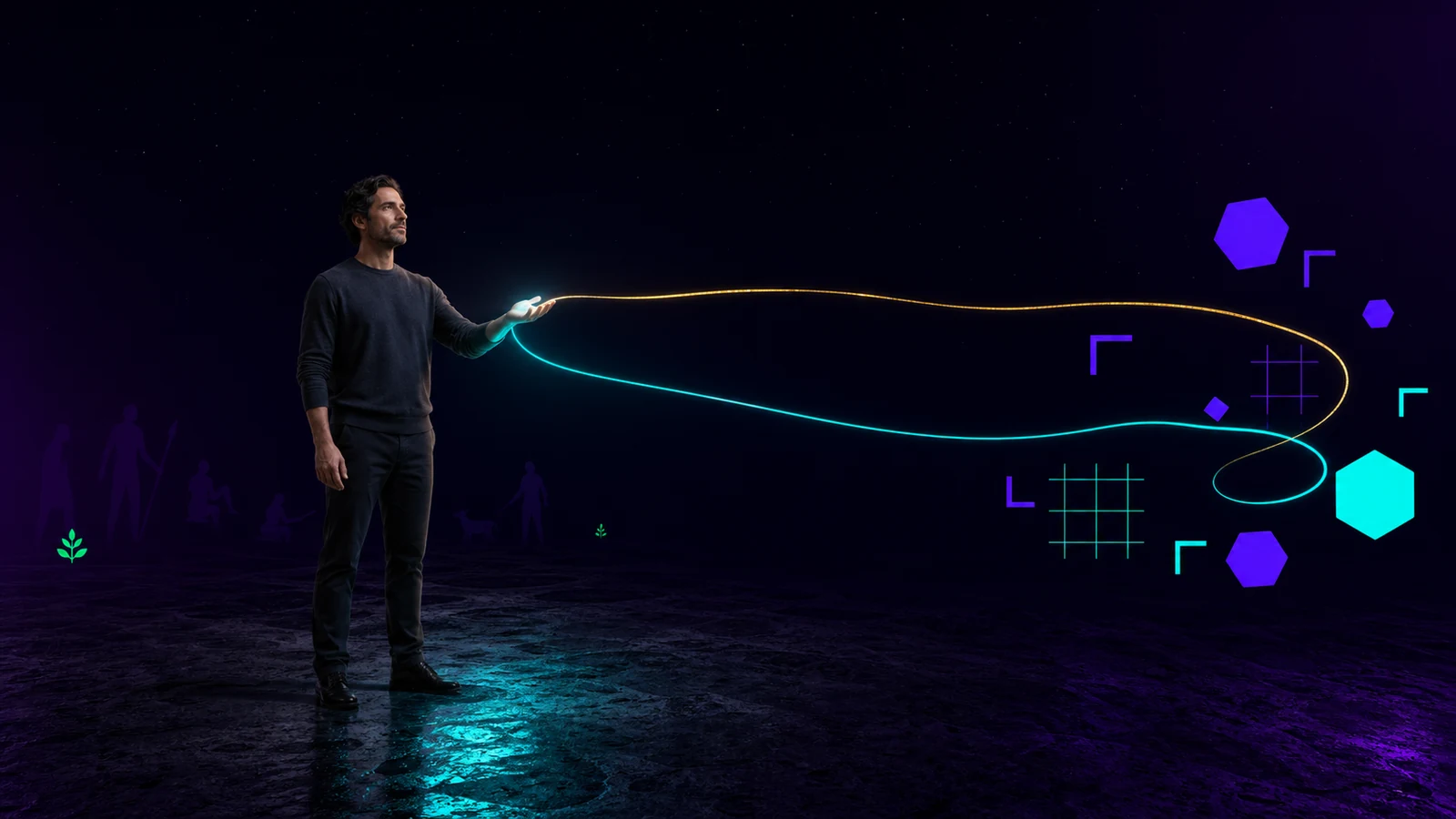 Un homme transmet un filament d’or vers des formes de données dans un environnement technologique nocturne.